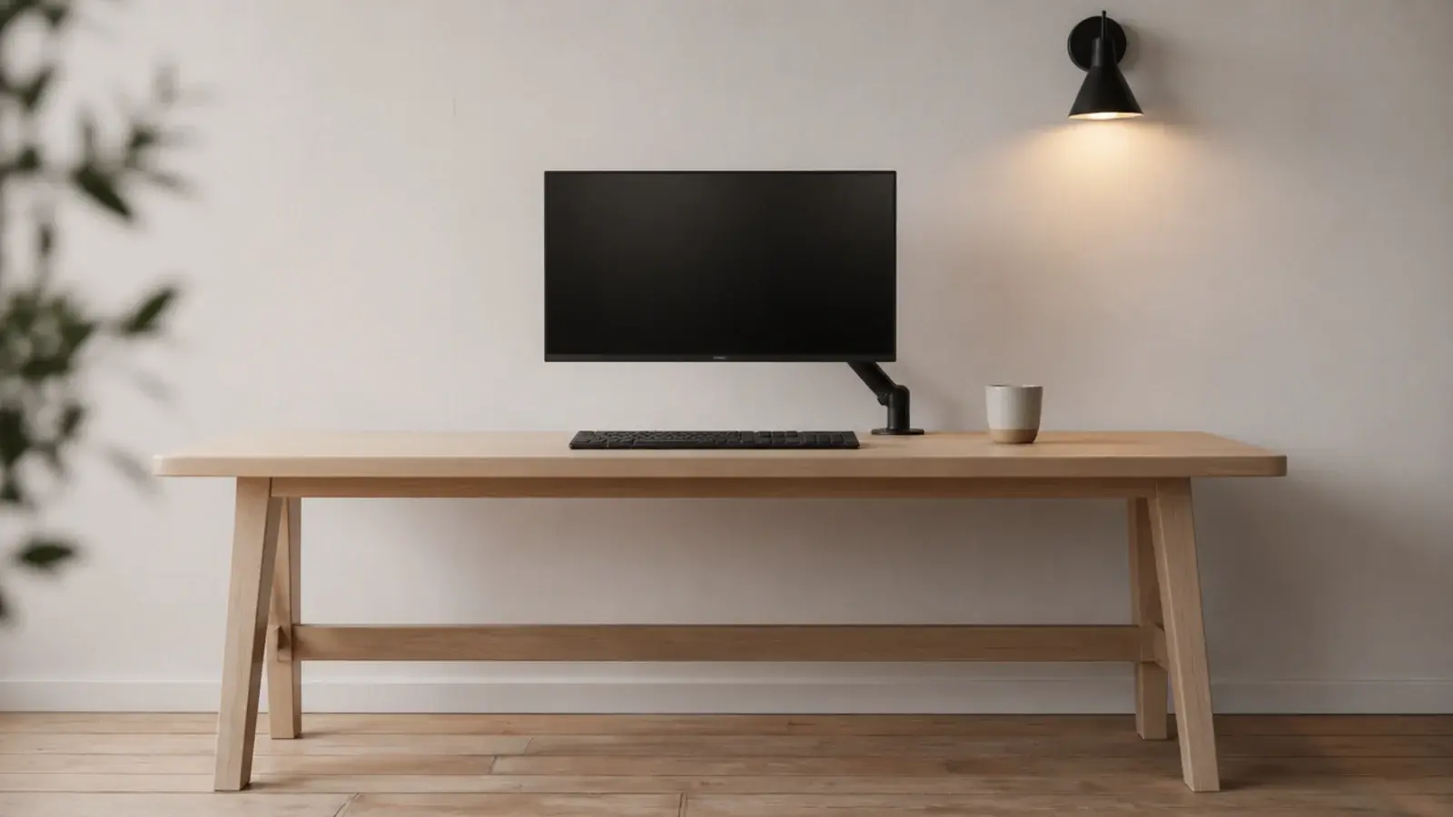 minimalist study desk with a bare oak top and one wall lamp