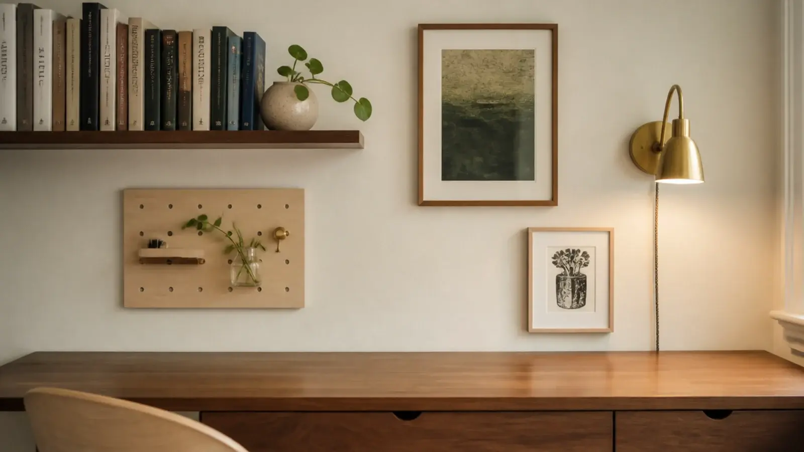 styled study desk wall with shelf pegboard frames and warm lamp