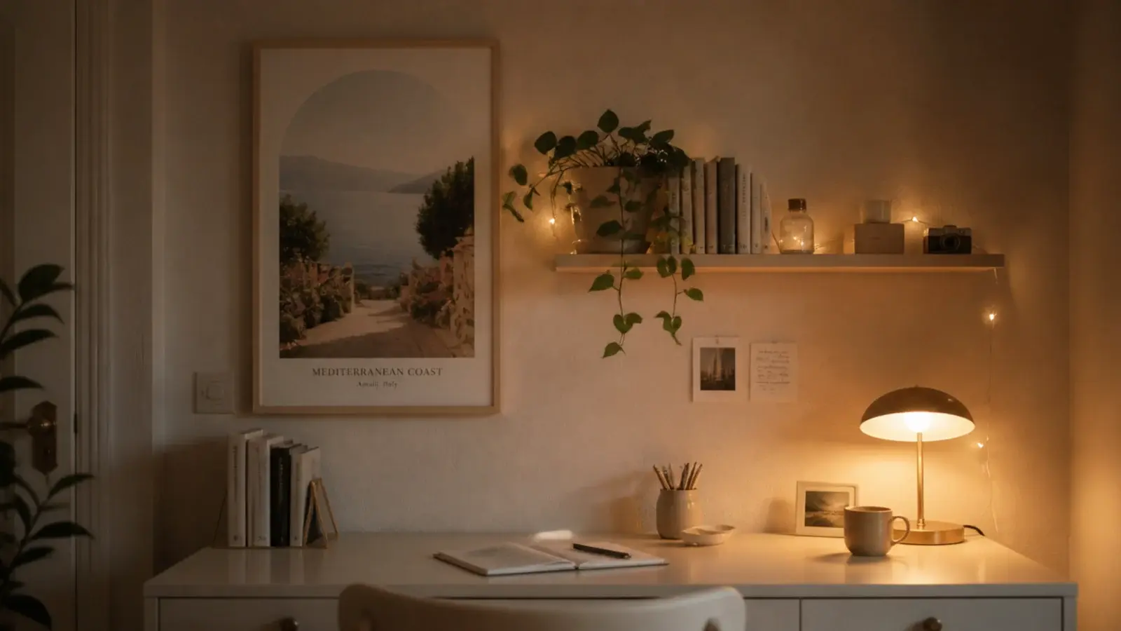 aesthetic study desk wall with arch prints shelf and warm string lights