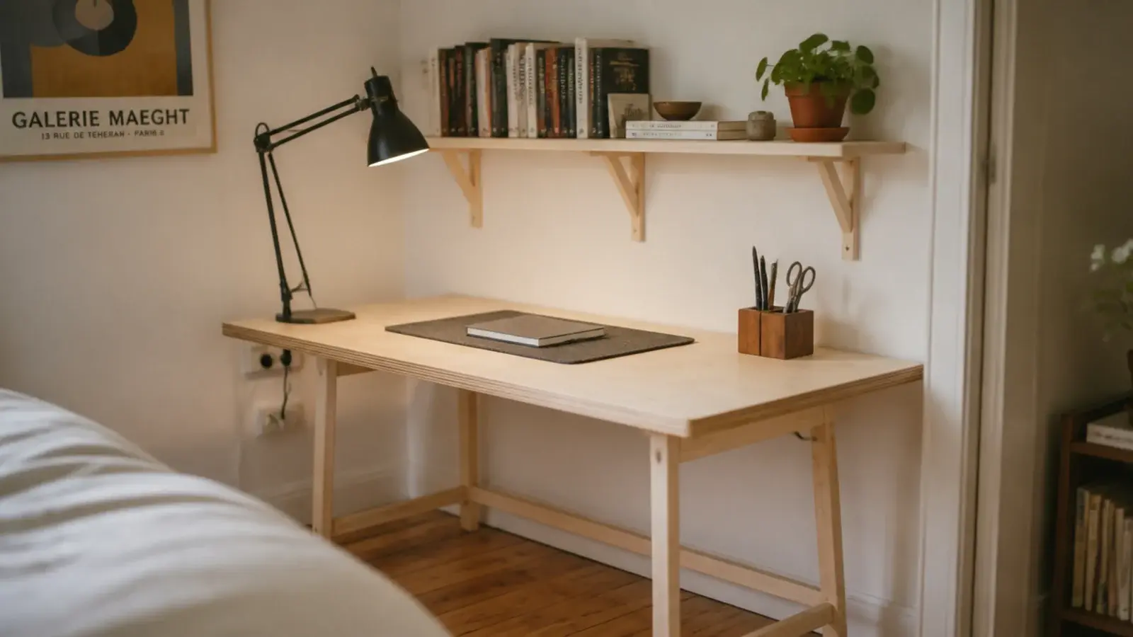 DIY study table and desk corner built from plywood and pine offcuts