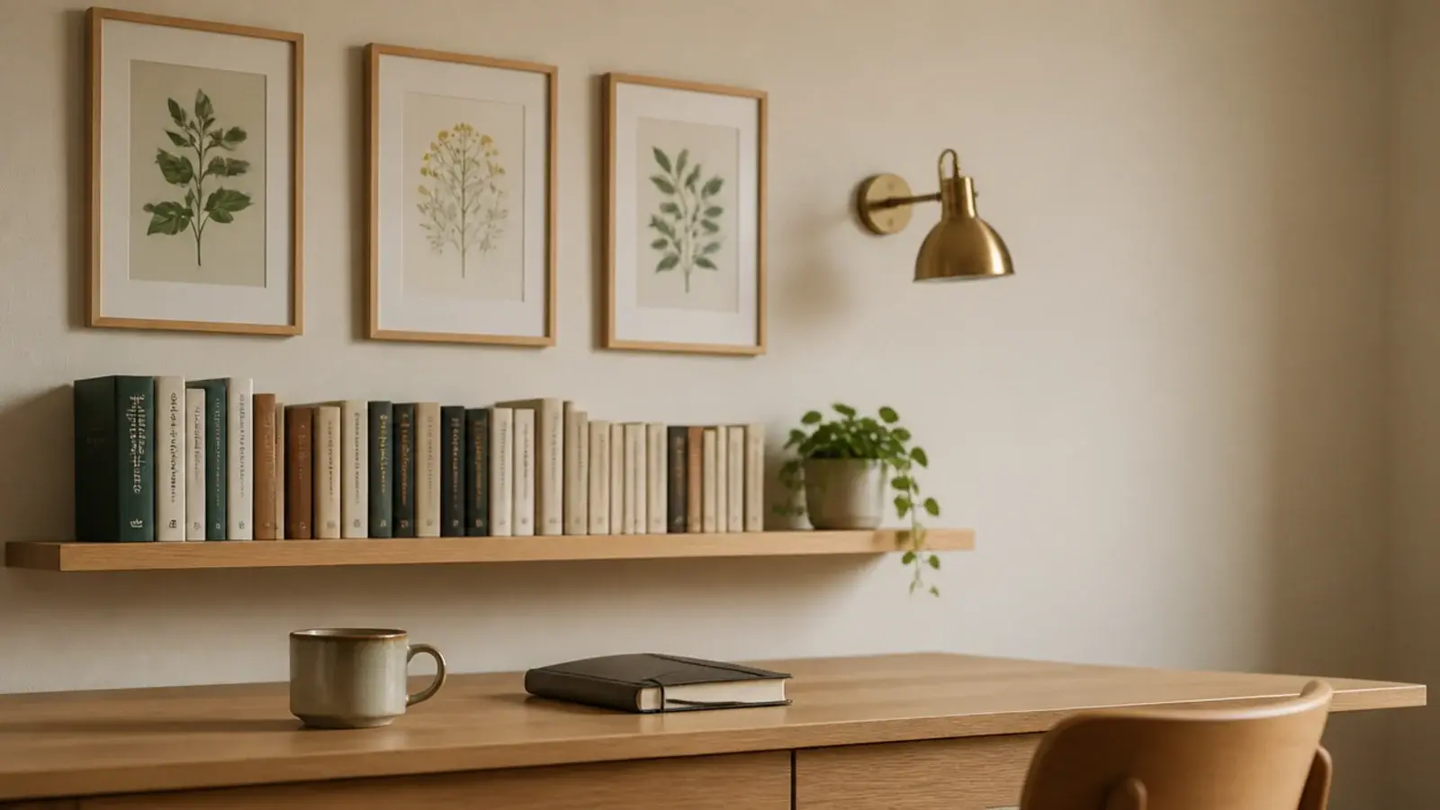framed prints and shelves on a study table wall above the desk