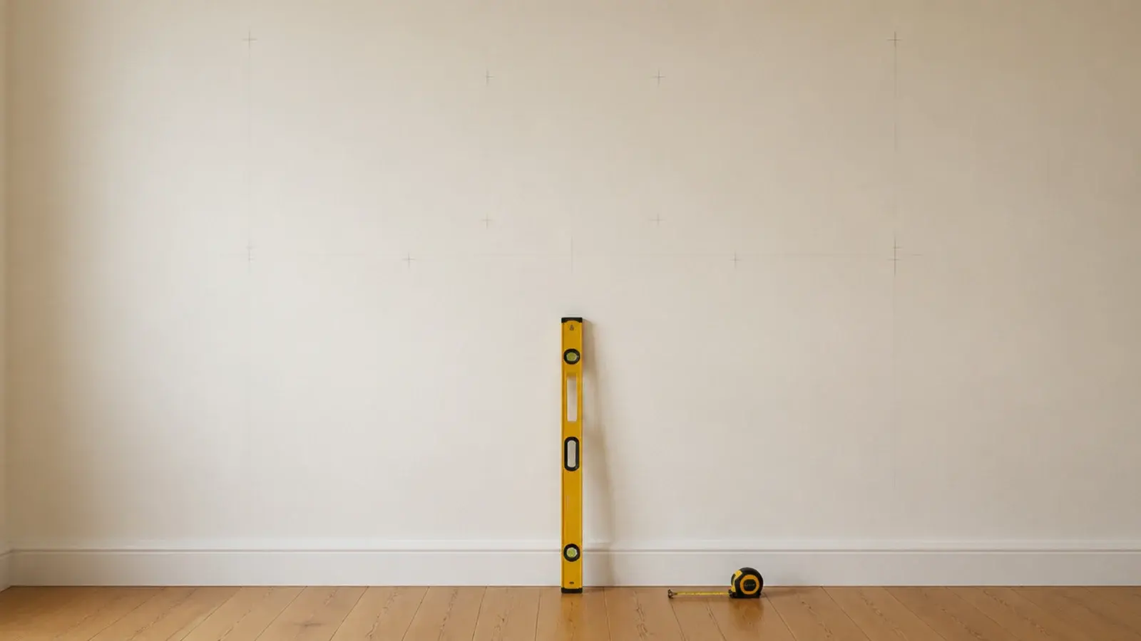 empty study room wall marked with pencil lines and a level