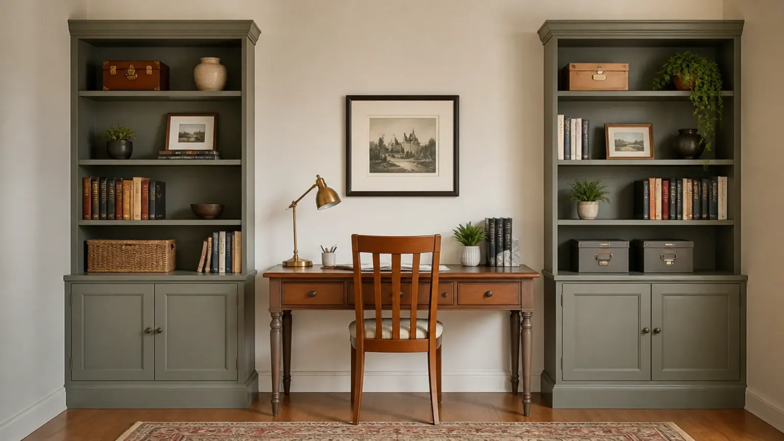 tall shelving units either side of a central study room desk