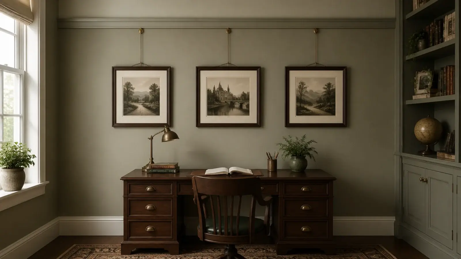 timber picture rail with prints hanging on cords below it