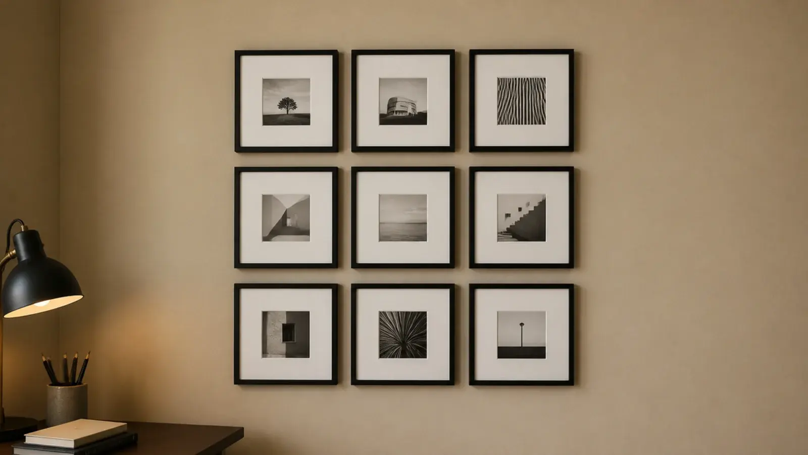 nine small matching frames in a tight grid on a side wall