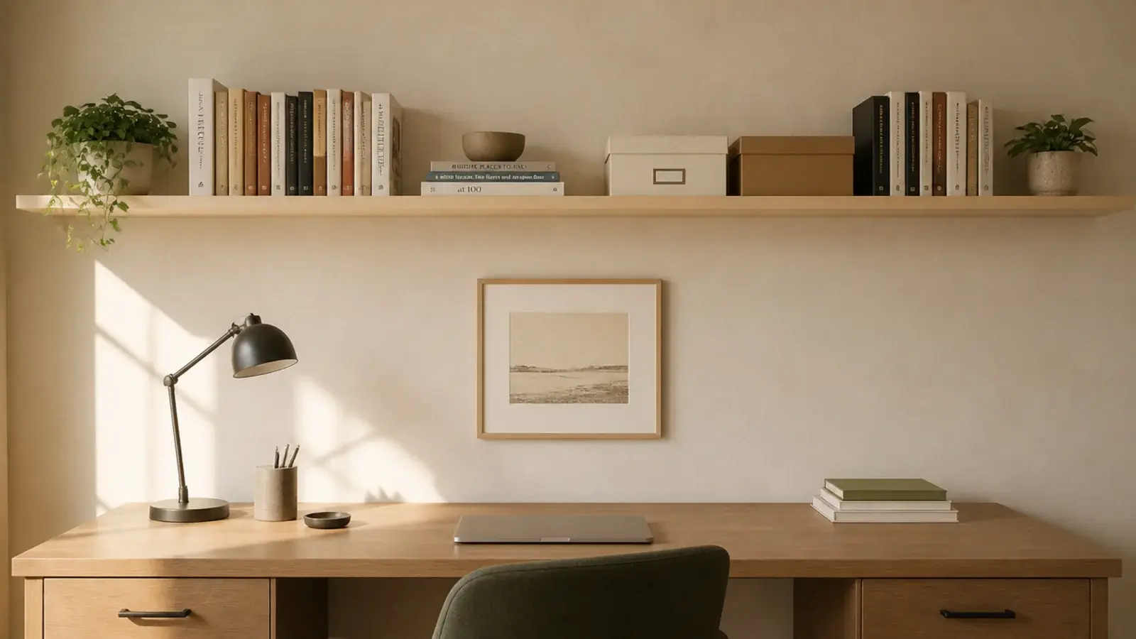 single long shelf running the full width of a study room wall