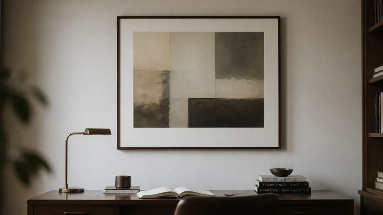 single oversized framed print centred above a study room desk