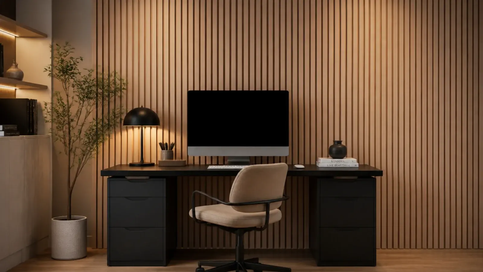 vertical timber slat panelling covering the wall behind a desk