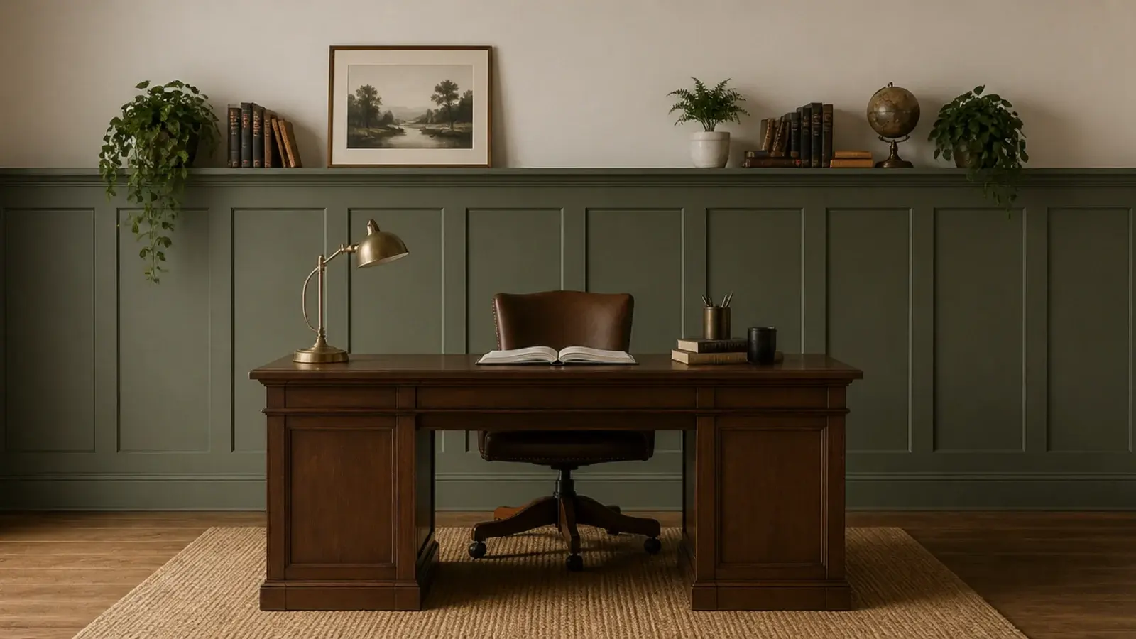 half height panelling ending in a clean line behind a desk
