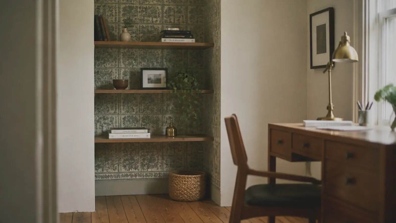 patterned wallpaper inside a single alcove beside a study desk