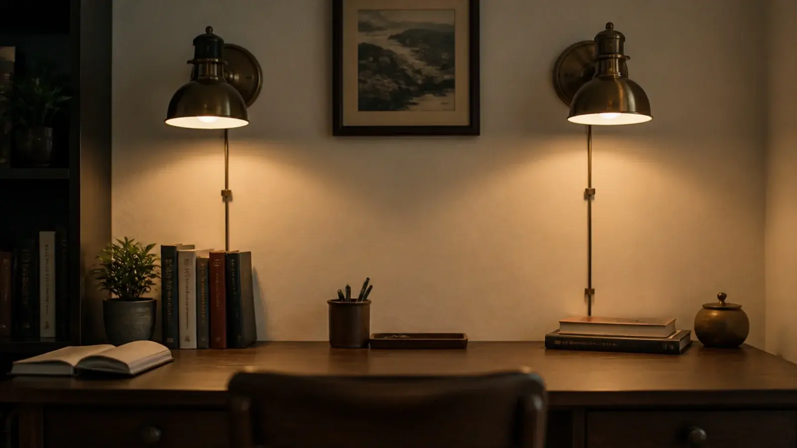 matching pair of wall lamps mounted above a wide study desk