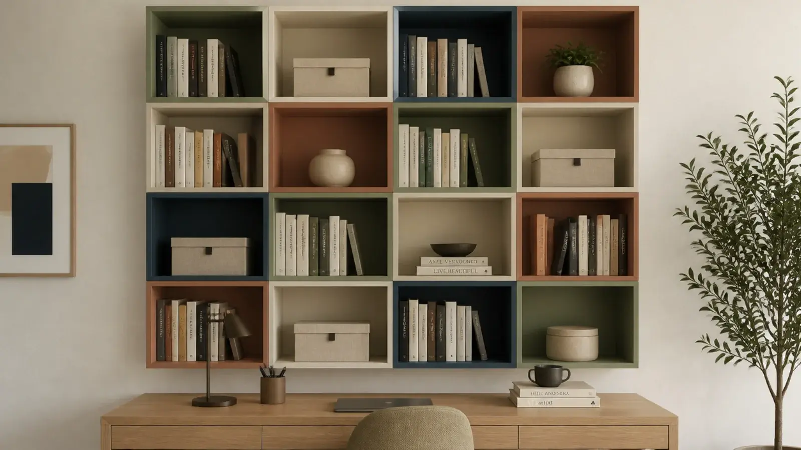 open cube shelving on a study wall holding upright books