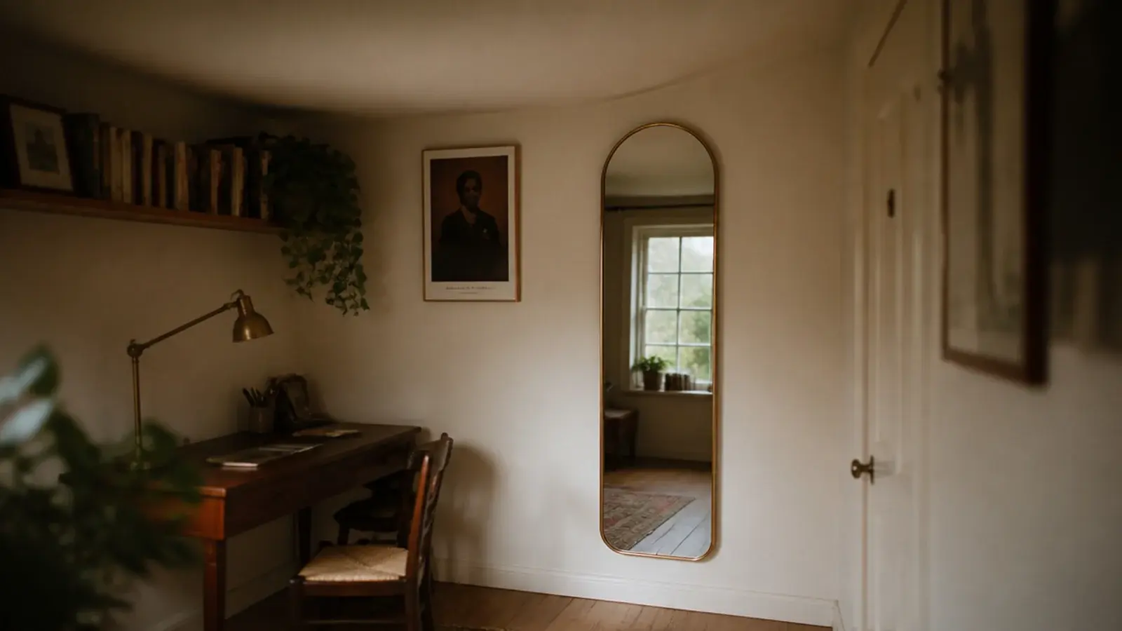 tall narrow mirror hung beside a desk in a low study room