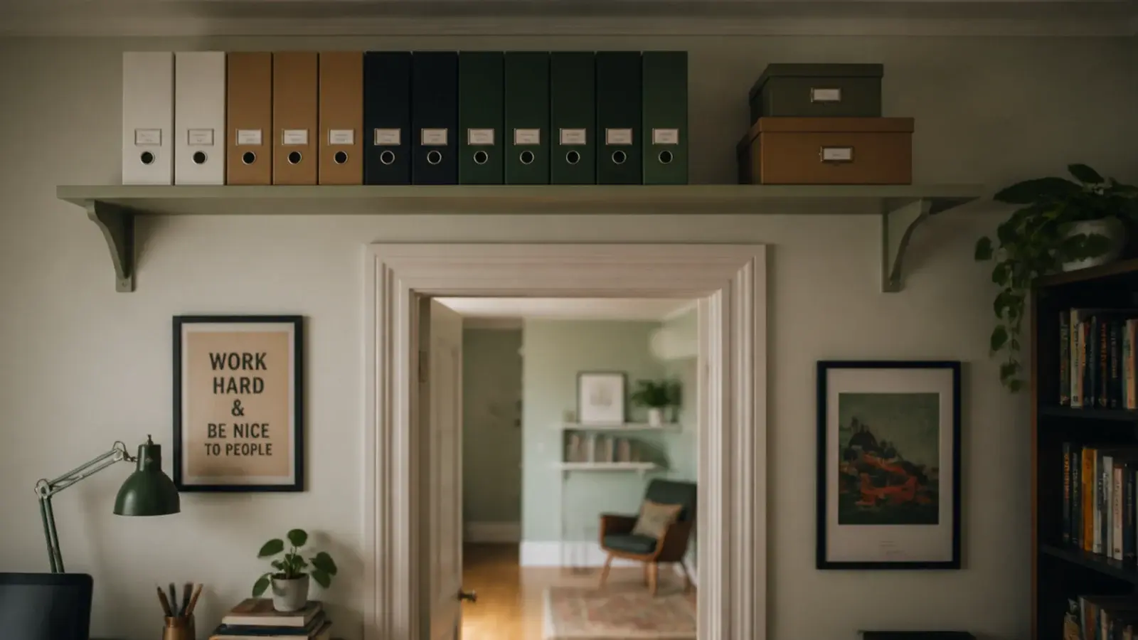shelf running above a study room doorway holding box files