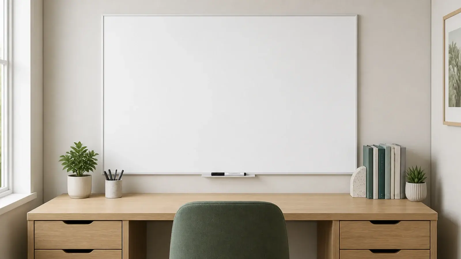 plain framed whiteboard mounted above a desk at matching width
