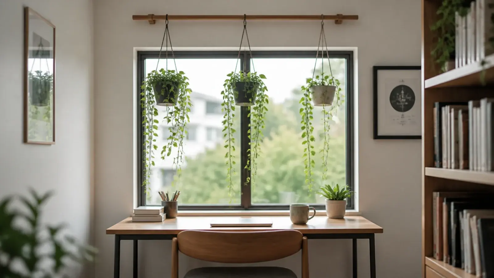 timber rail above a window holding small hanging plant pots