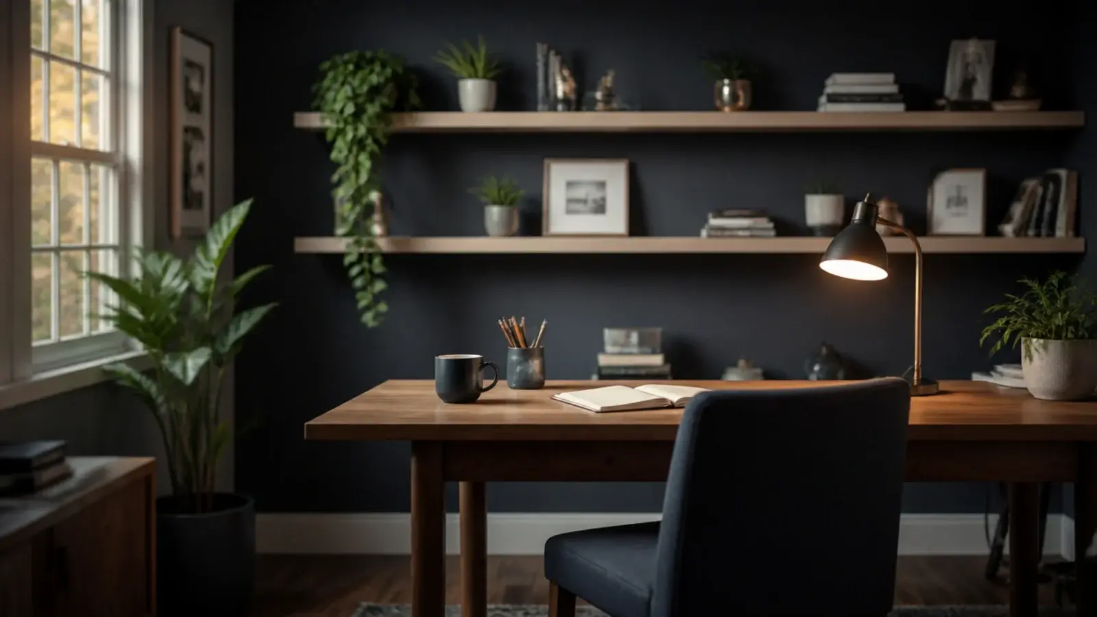 pale timber shelves standing out against a deep painted wall