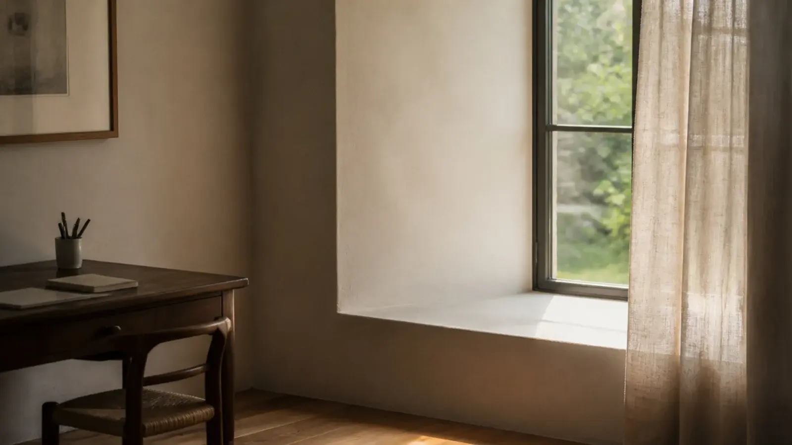 plain window reveal beside a desk left free of any decoration