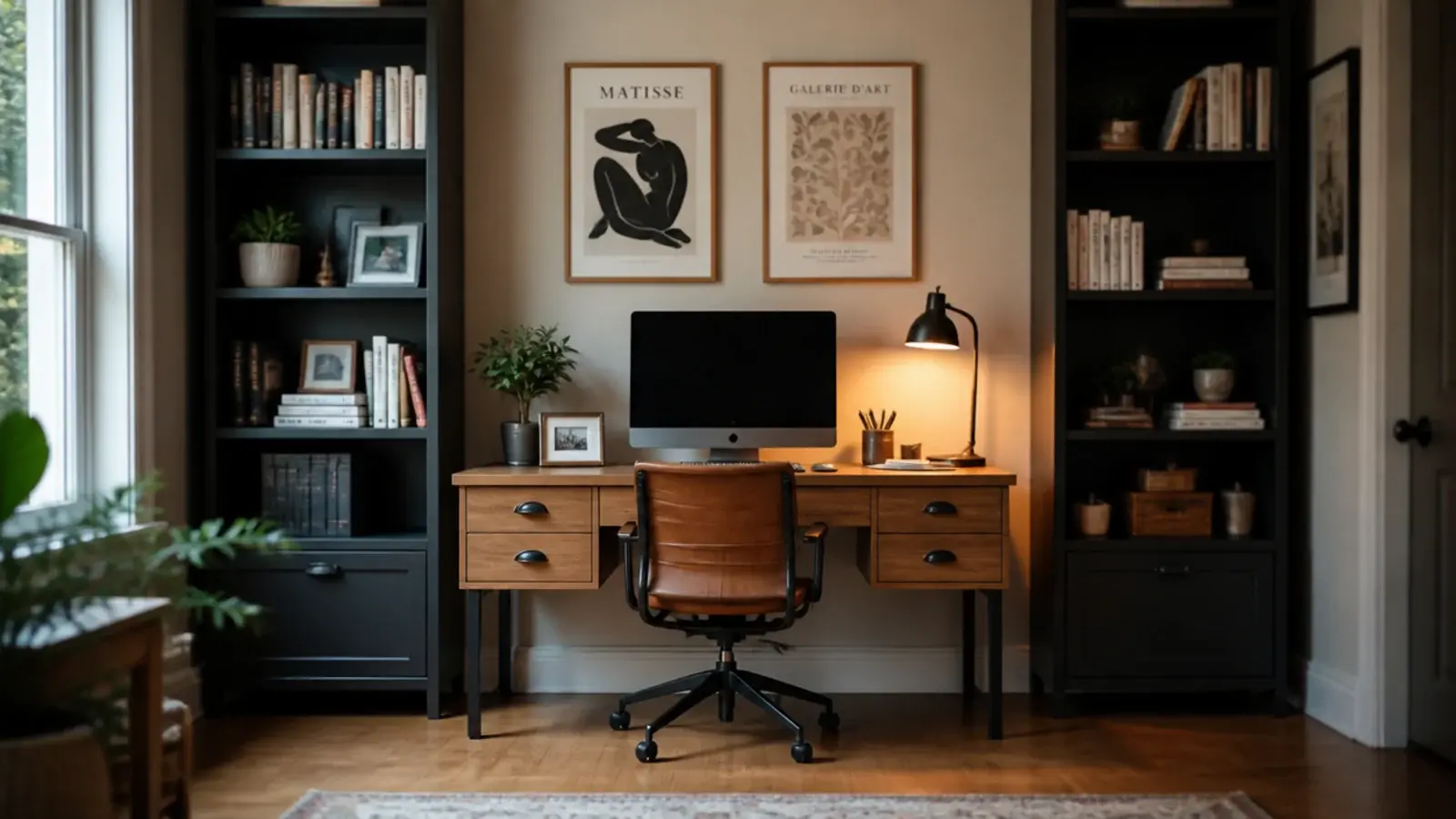 wall decor above a study room desk with shelves and framed prints