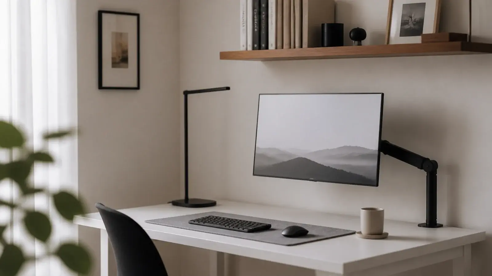 white study desk with matt top a slim lamp and timber shelf