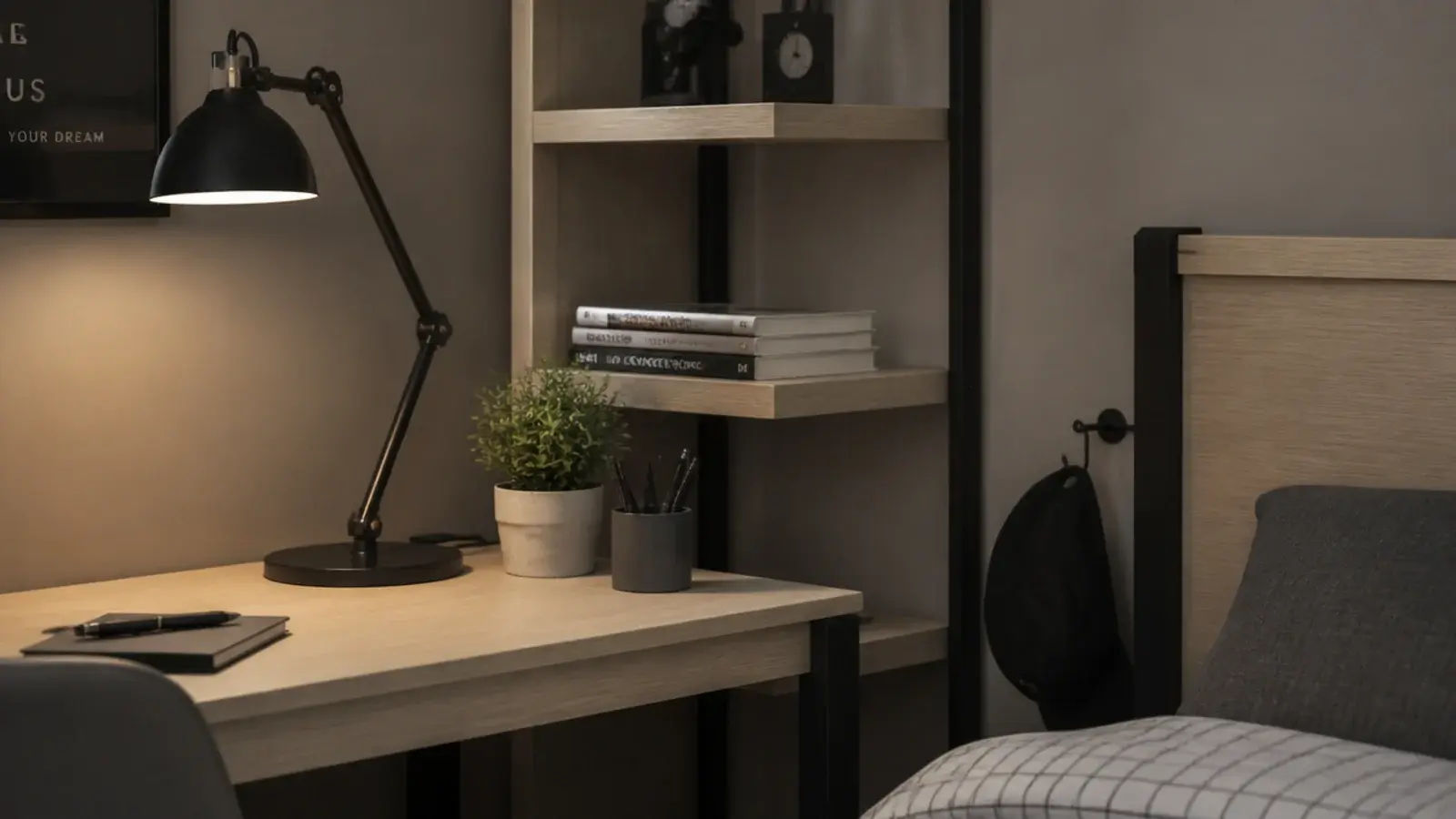 ash desk and black hardware repeated across shelf hooks and lamp