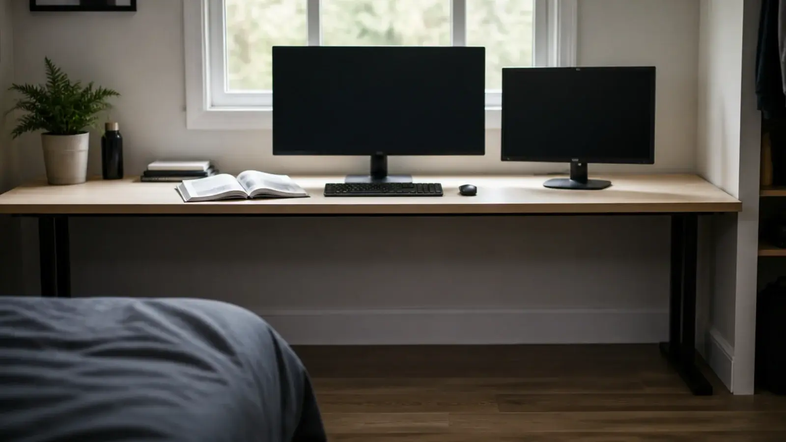 single long board desk spanning a bedroom wall with two monitors