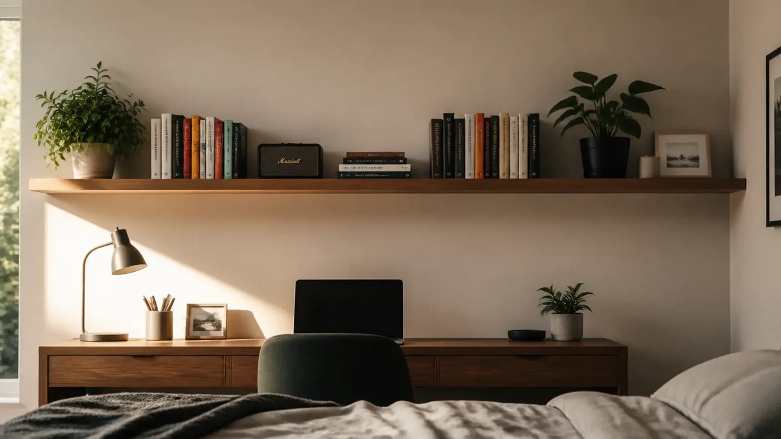 single continuous shelf running the width of a bedroom wall