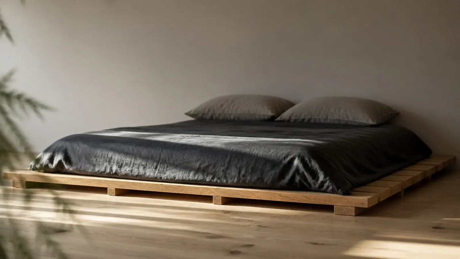low slatted platform bed base sitting close to a bare timber floor