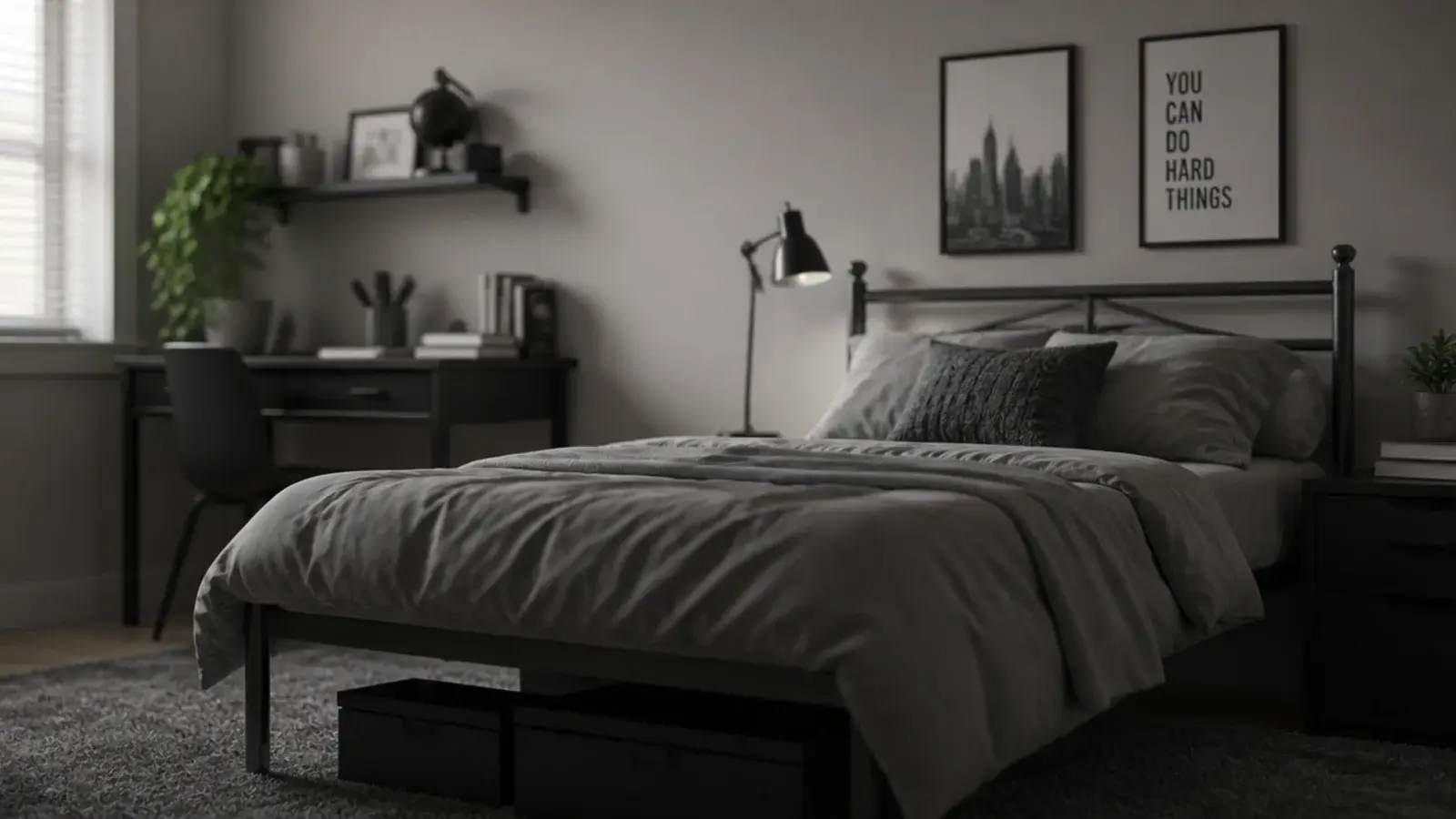 bedroom limited to pale wall mid grey textiles and near black hardware
