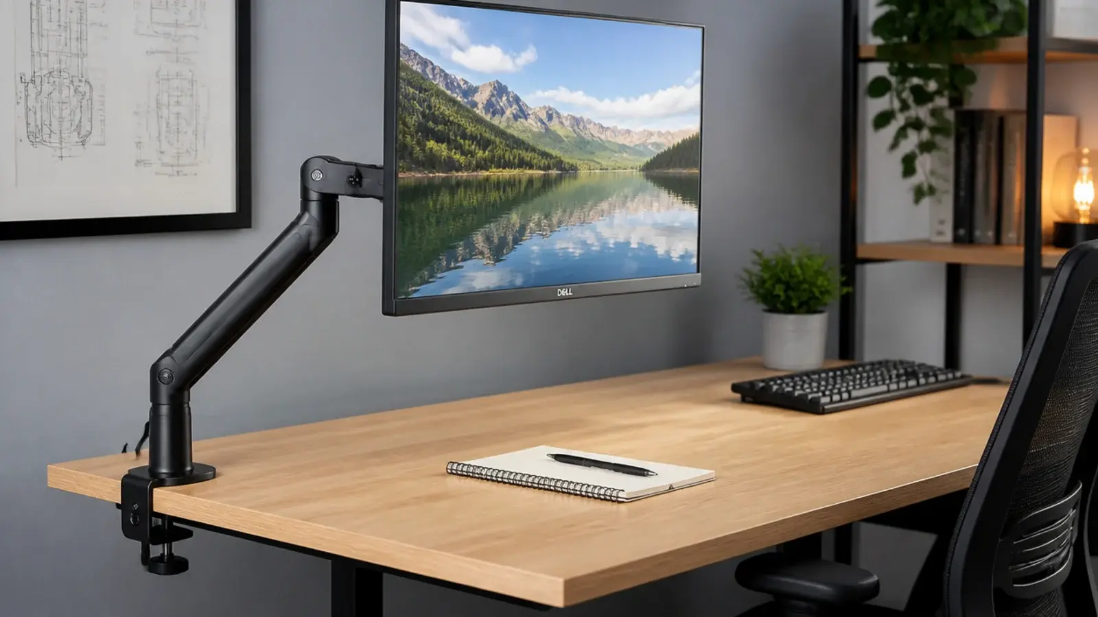 clamped monitor arm holding a screen above an empty desk surface