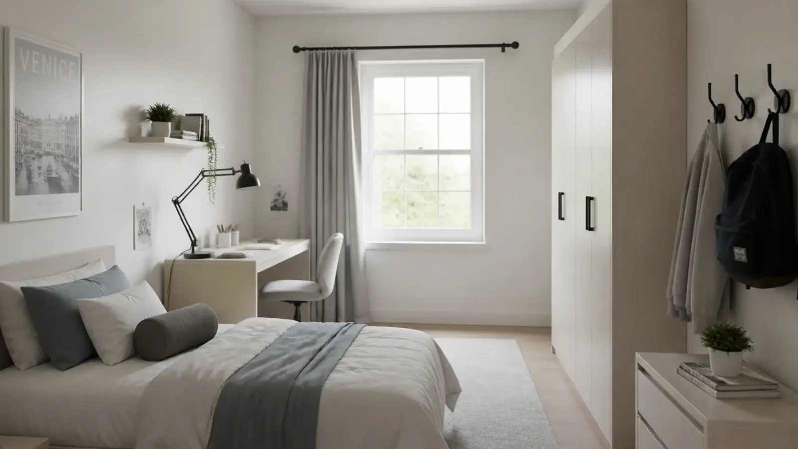 matte black hooks pulls and lamp repeated through a teenage bedroom