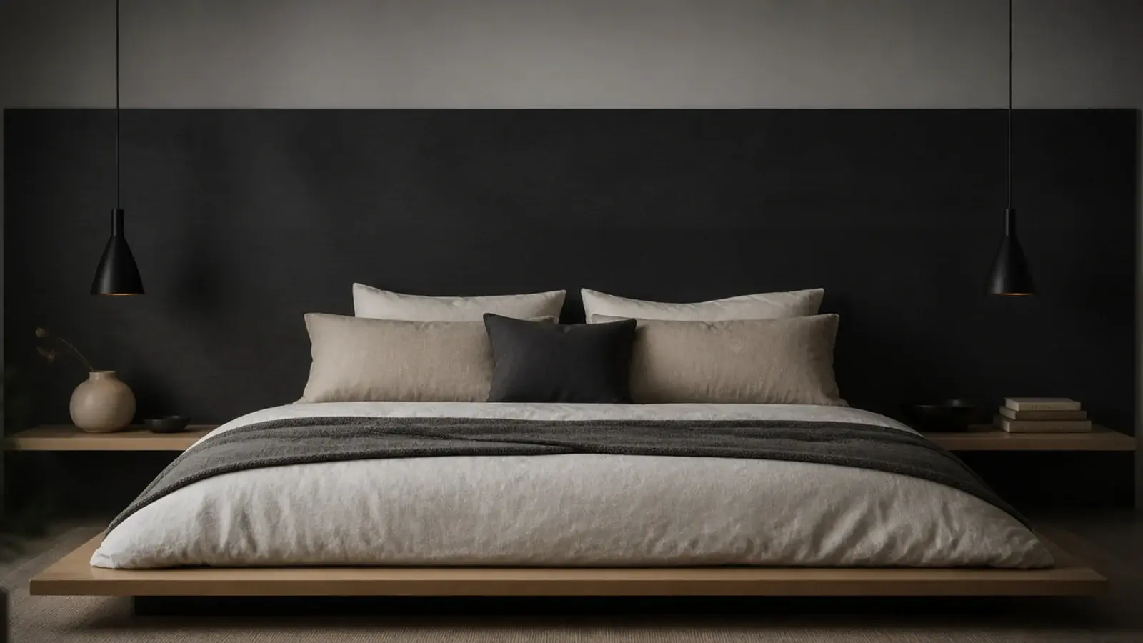 full width plywood panel behind a bed acting as a headboard