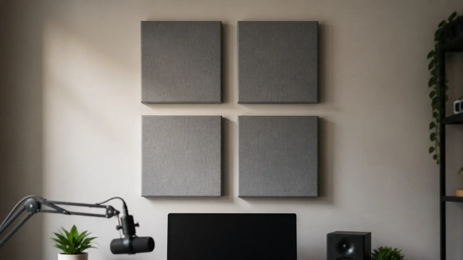 four square fabric acoustic panels mounted in a grid above a desk