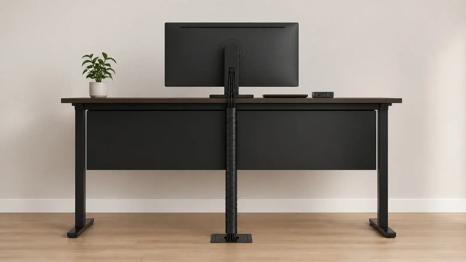 cables bundled into one vertical run down a desk leg