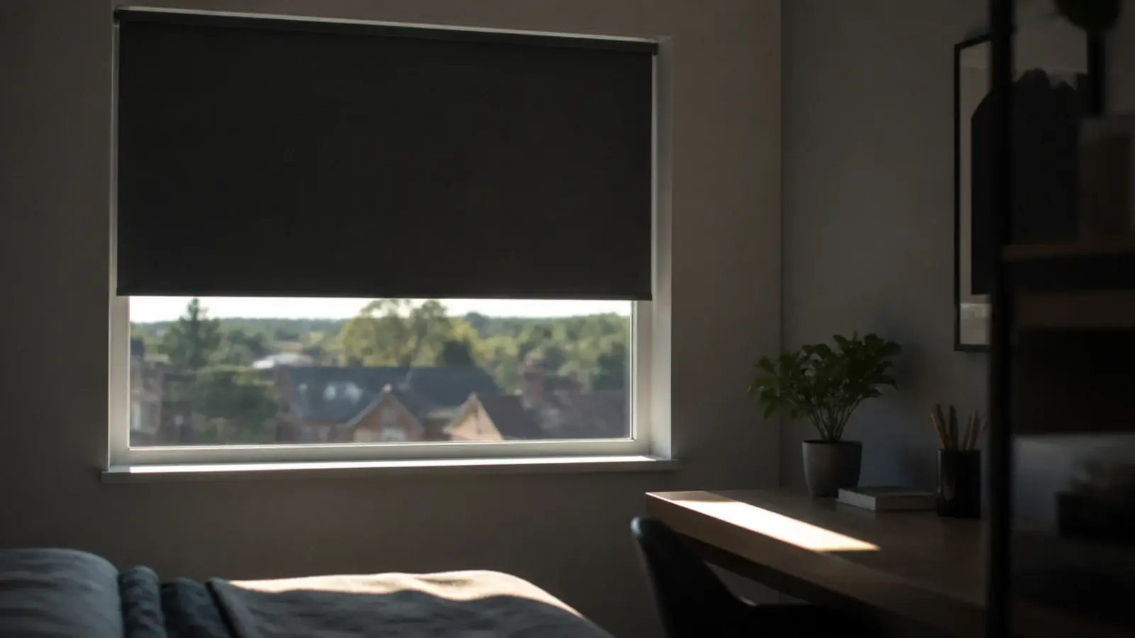 charcoal blackout roller blind pulled halfway down a bedroom window