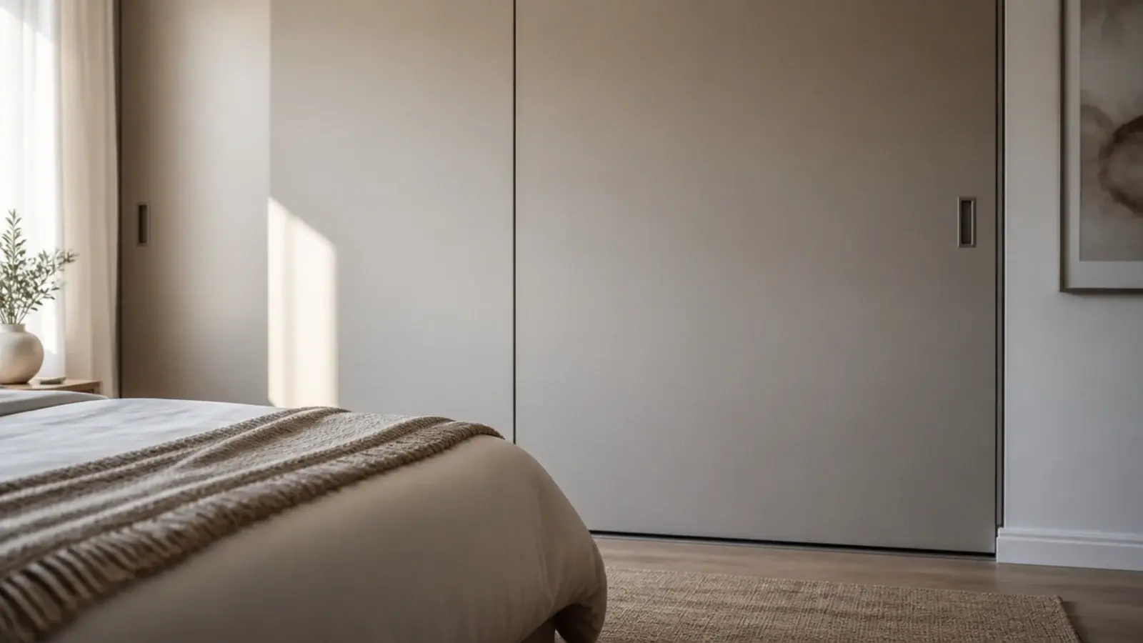 sliding wardrobe doors closed against a bed with no swing space