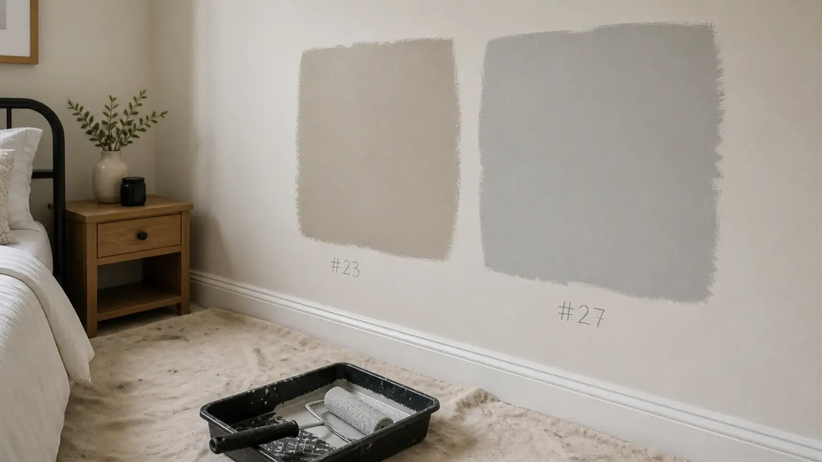warm grey painted wall shown beside a cooler grey test patch