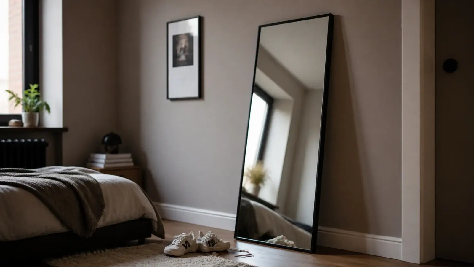 tall black framed mirror leaning against a bedroom wall beside a bed