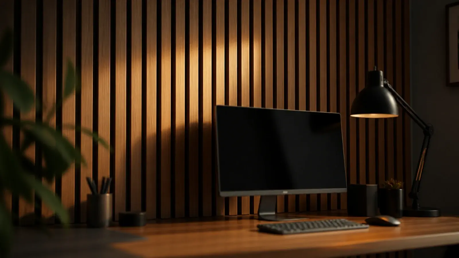 vertical slatted timber panel fixed to a wall behind a desk