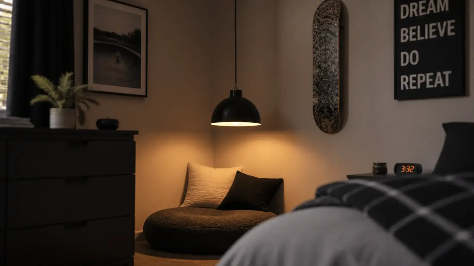 simple black dome pendant hanging low over a bedroom corner