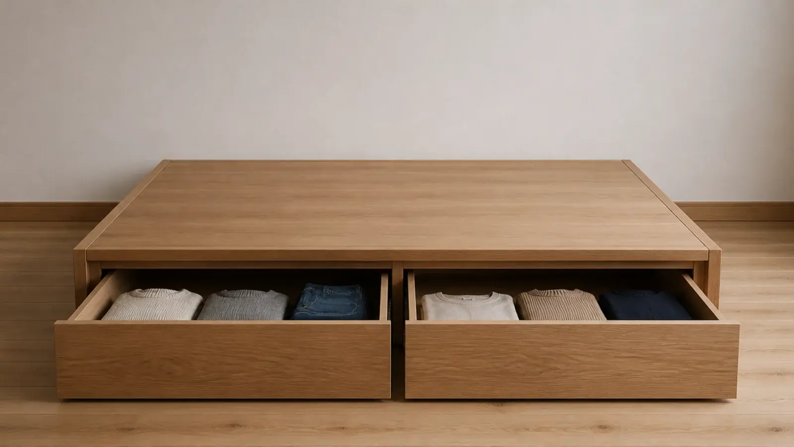 two deep drawers sliding out from under a modern platform bed