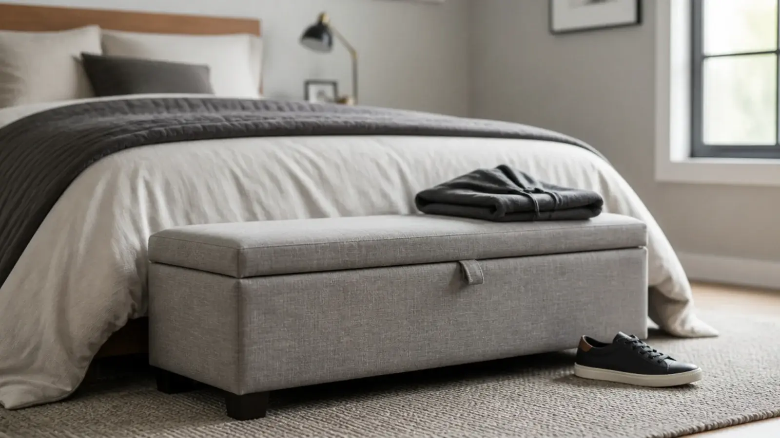 low upholstered bench with a lift lid at the end of a bed