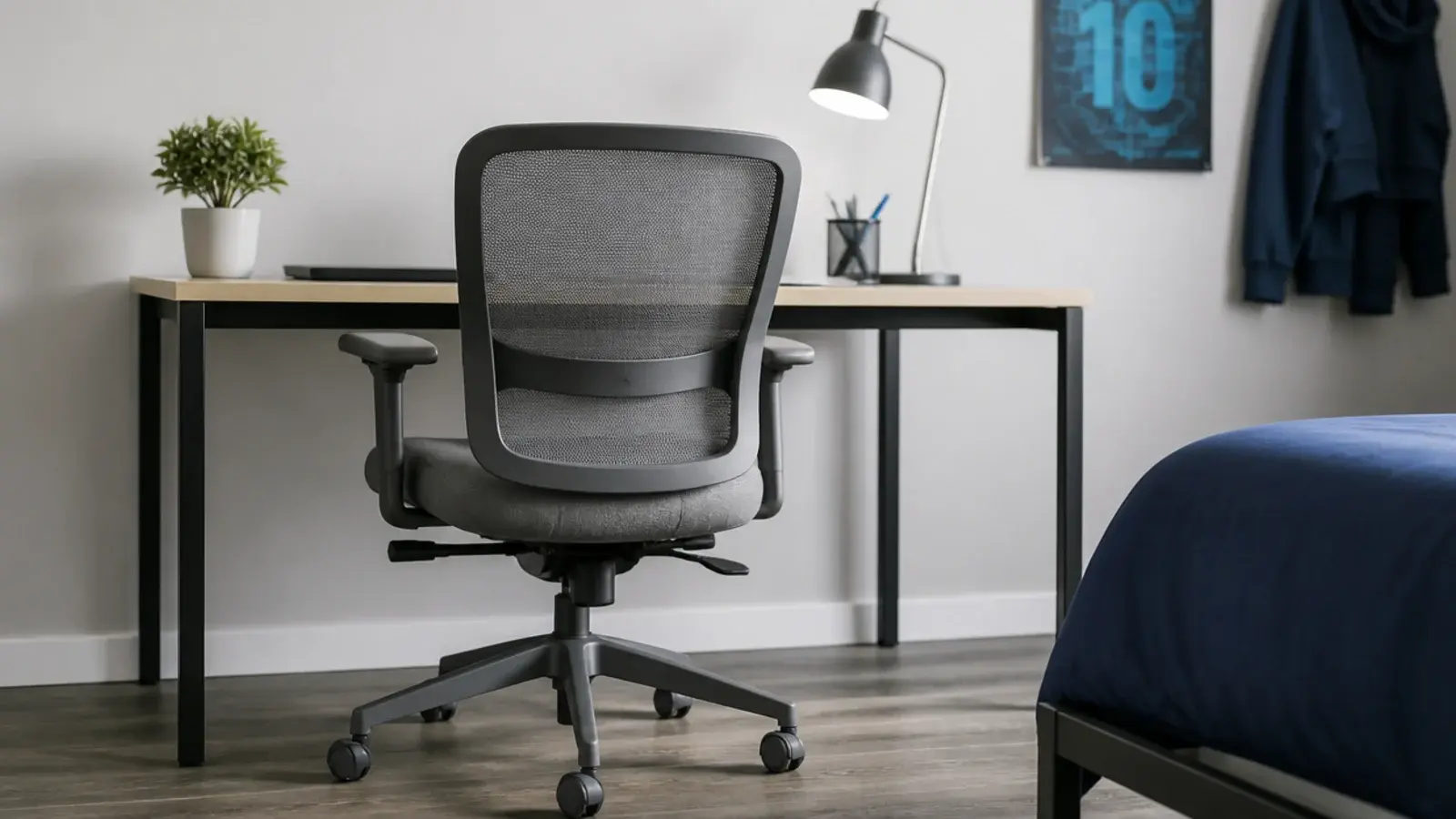 single well made mesh task chair alone at a clean modern desk