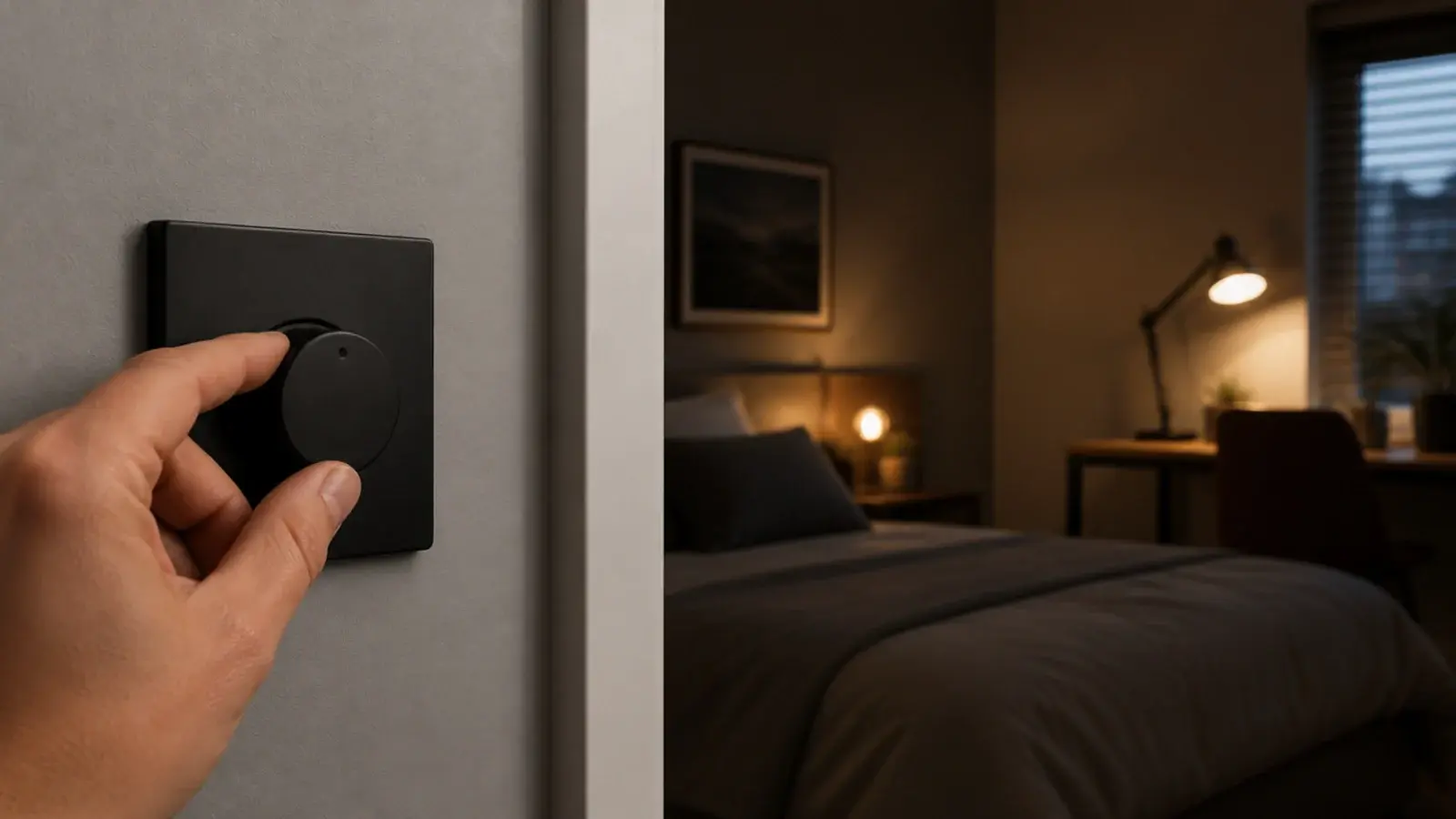 hand turning a wall dimmer beside a softly lit bedroom doorway