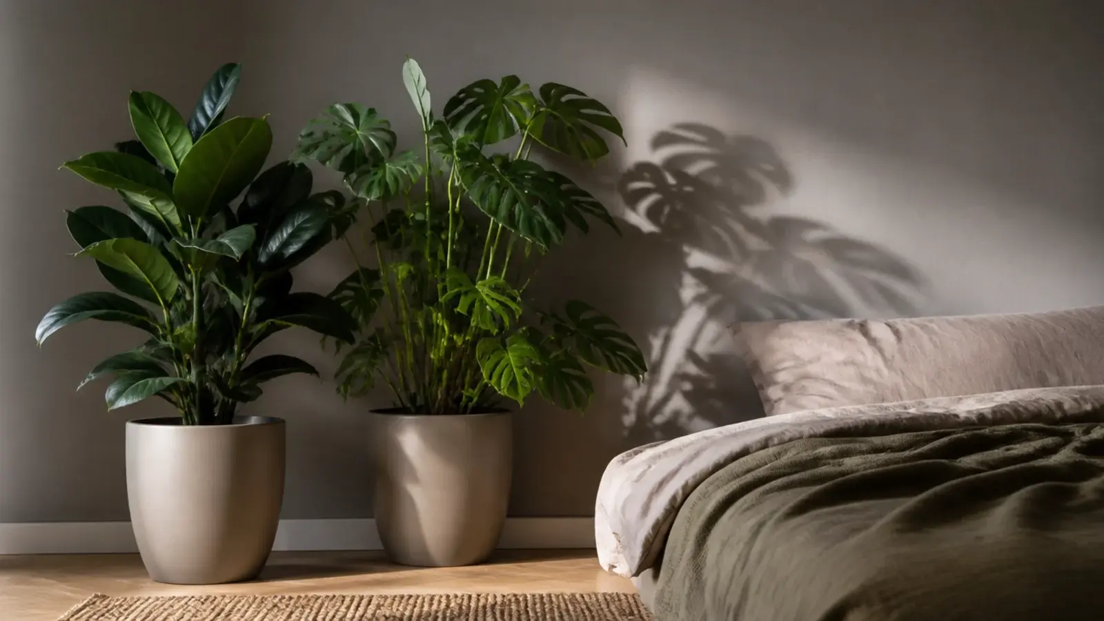 two large green plants standing against an otherwise plain bedroom wall
