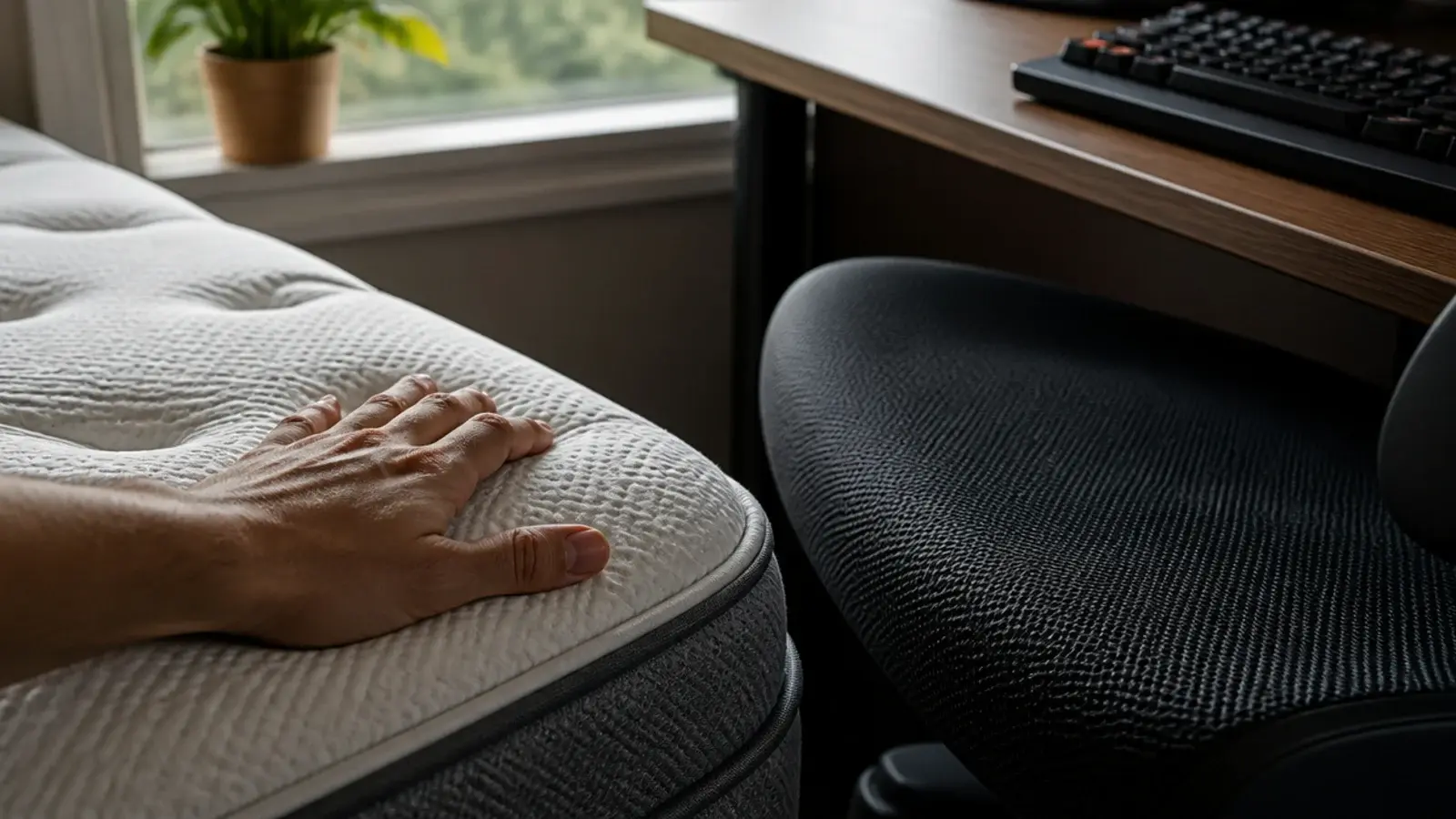 hand resting on a mattress edge beside a chair and keyboard