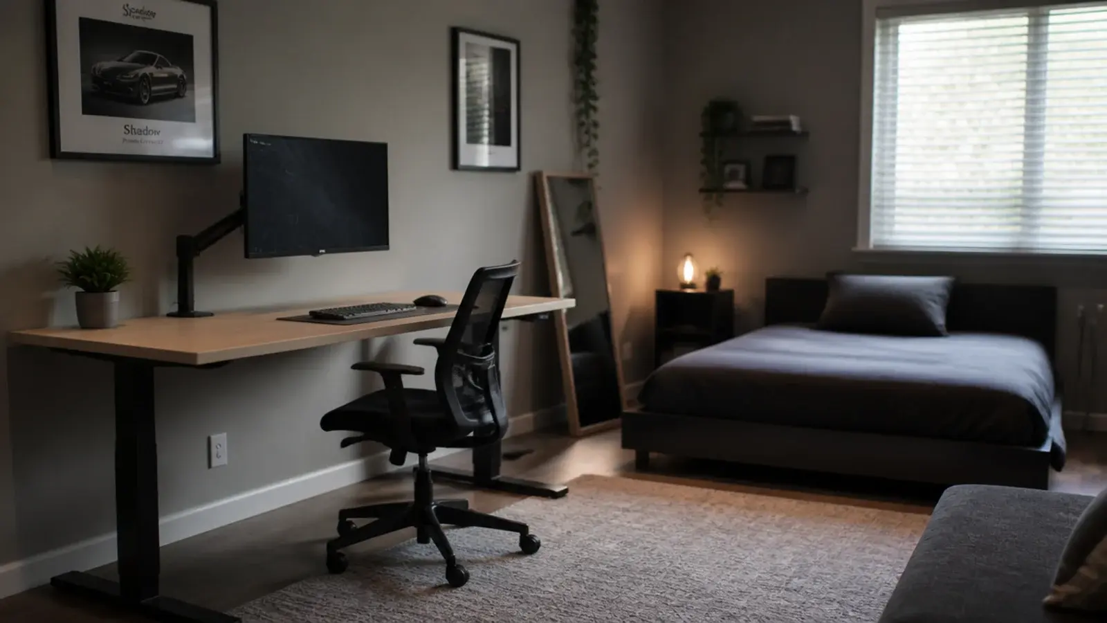 modern teen boy bedroom with black steel desk legs and warm grey walls
