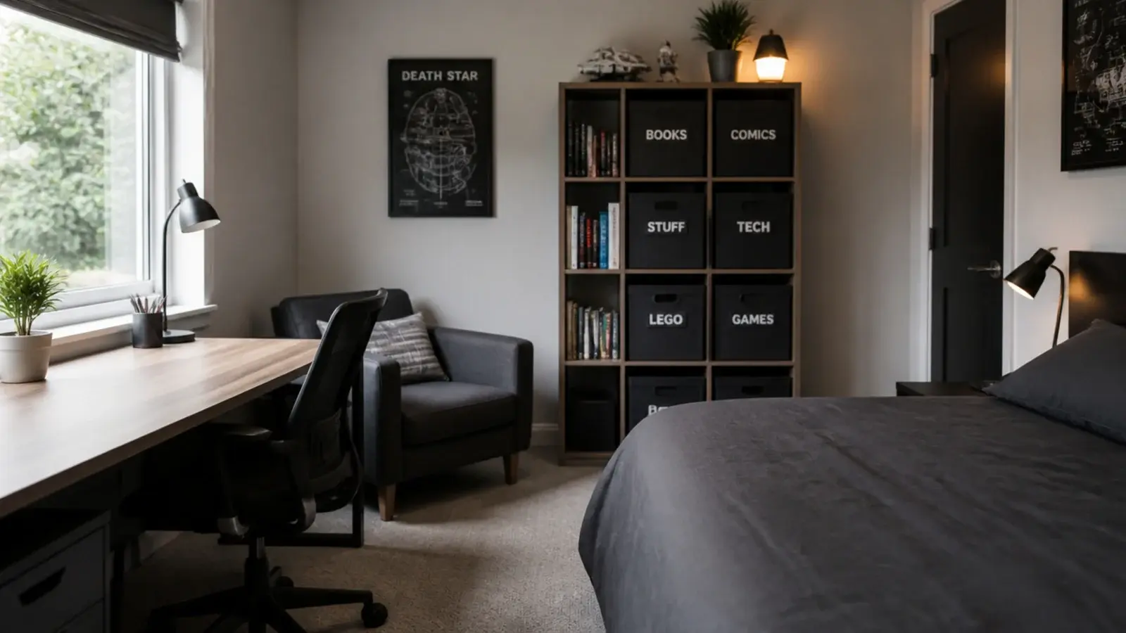 older teen boy bedroom with a desk armchair and packed storage shelving