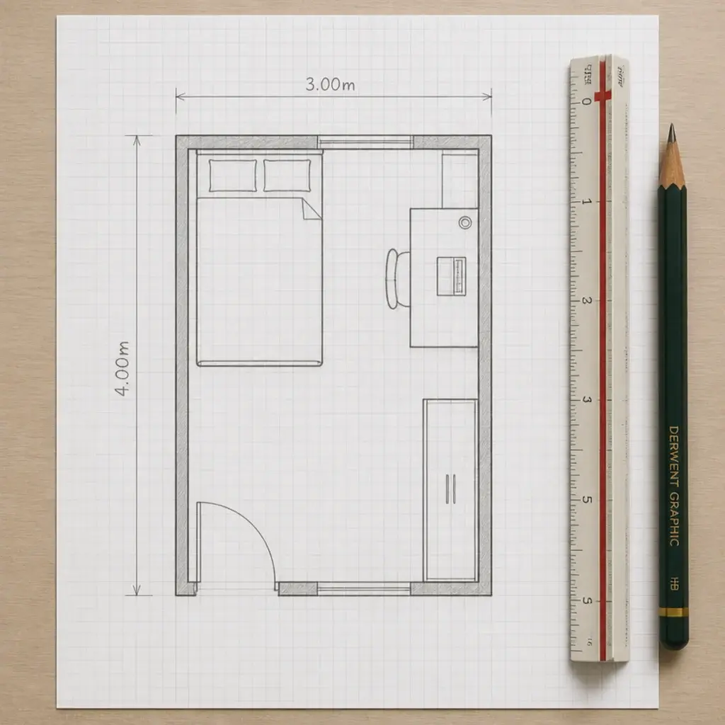 graph paper floor plan of a small bedroom with dimensions written on