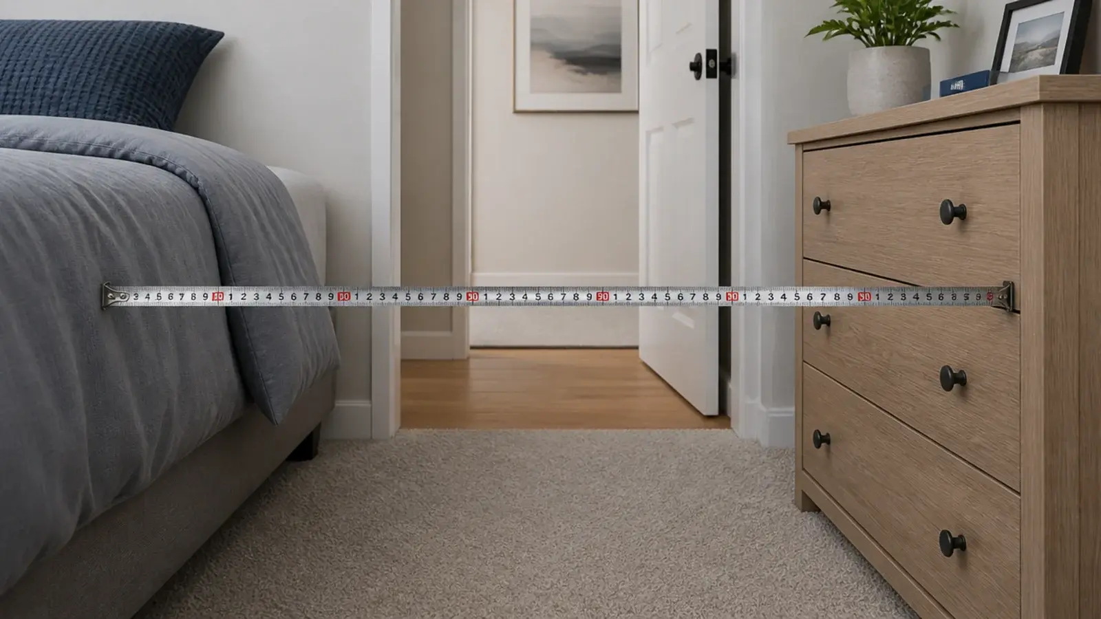 tape measure showing the clear width of a bedroom walking route